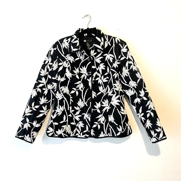 Carol Little Quilted Silk Lined Button Black White Floral Jacket Comfort Size M - Picture 1 of 9